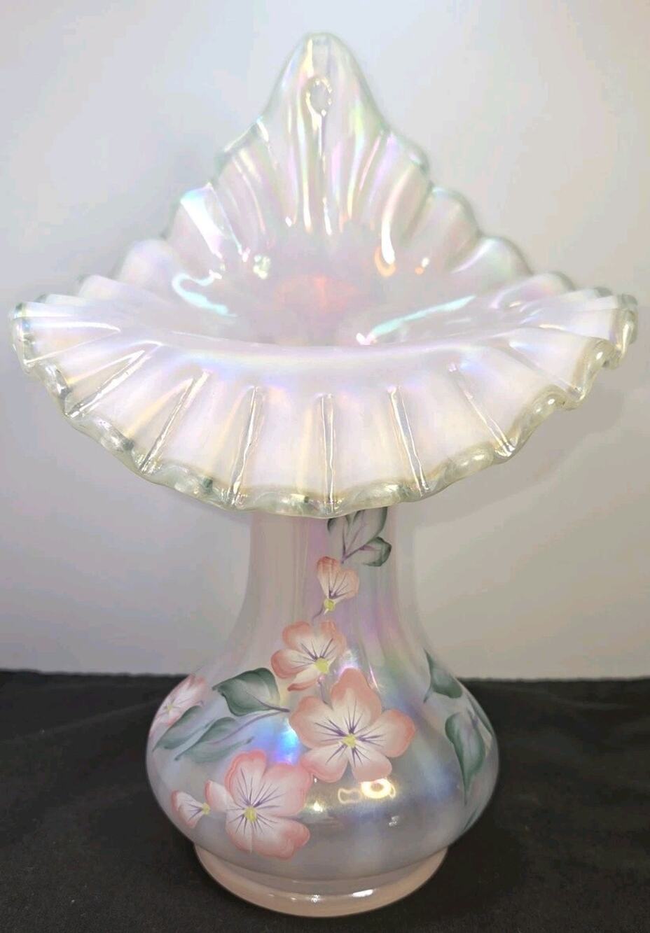 Vintage Fenton Hand-Painted Opalescent Ruffled Glass Floral Vase Signed
